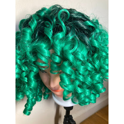 Short Bob Afro Curly Black and Green Wig With Bangs