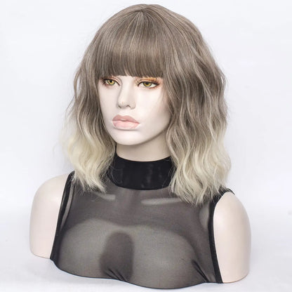 Ombre Brown Mix Short Bob Wavy Hair Wig with Bang