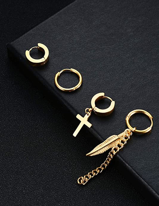 4 Pairs Stainless Steel Cross Dangle Hinged Hoop Earrings