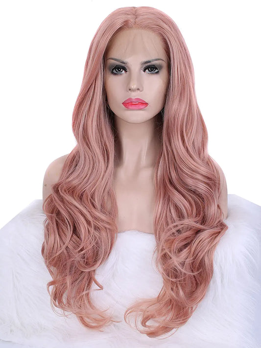 Pink Rose Gold Long Wave Lace Front Wigs