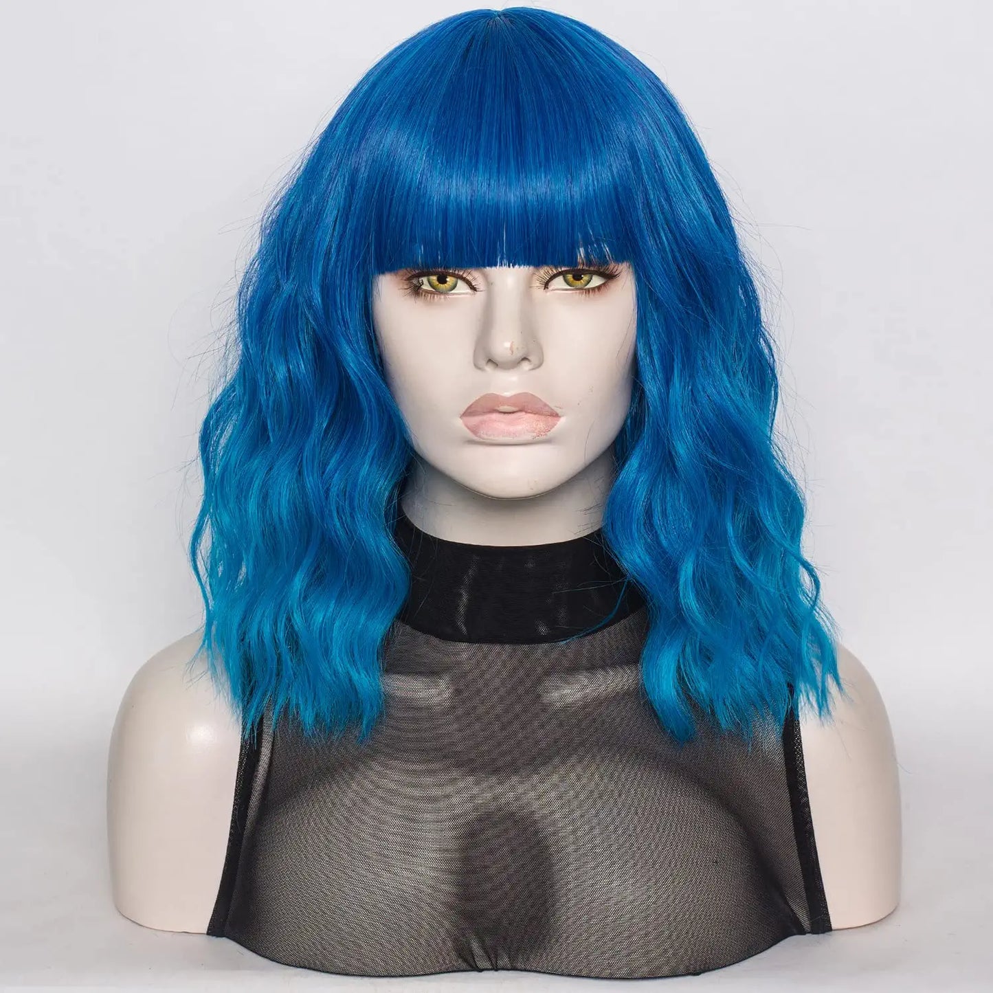 Teal Blue Short Bob Wavy Hair Wig with Bangs