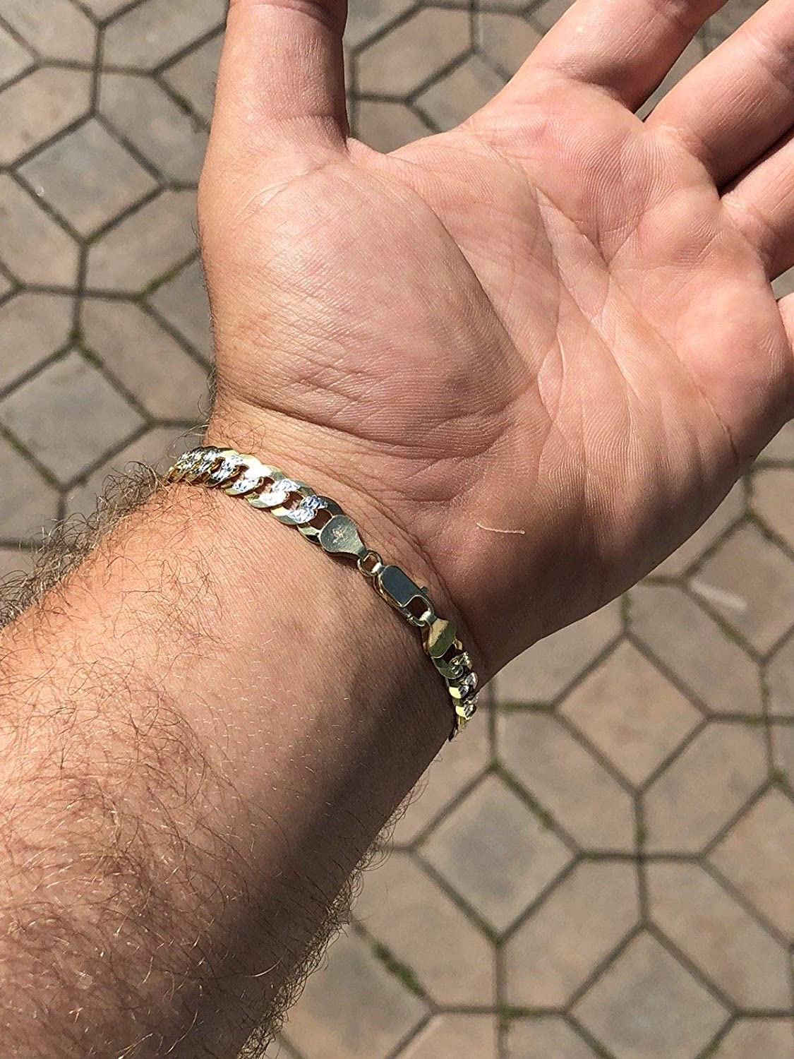 14KGold -Solid 925 Sterling Silver Bracelet Diamond Pave Bracelet.Men's Cuban Link Bracelet 14k Gold Over Solid 925 Sterling Silver Bracelet - 8.5" 8mm - Two Tone Diamond Cut Pave