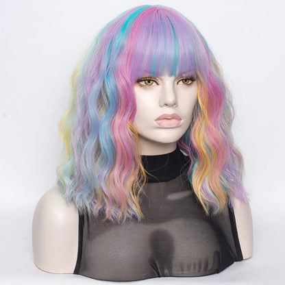 Rainbow Color Wavy Hair Wig with Bang