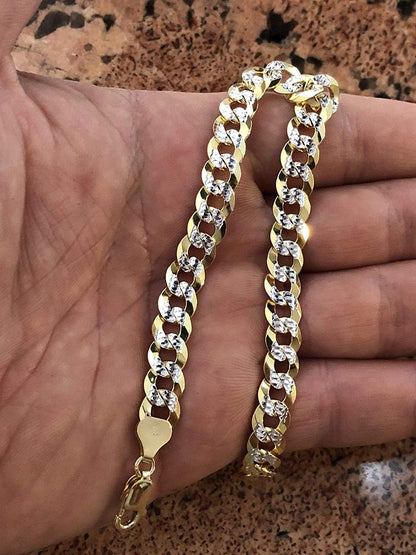 14KGold -Solid 925 Sterling Silver Bracelet Diamond Pave Bracelet.Men's Cuban Link Bracelet 14k Gold Over Solid 925 Sterling Silver Bracelet - 8.5" 8mm - Two Tone Diamond Cut Pave