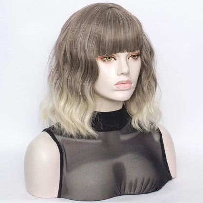 Ombre Brown Mix Short Bob Wavy Hair Wig with Bang