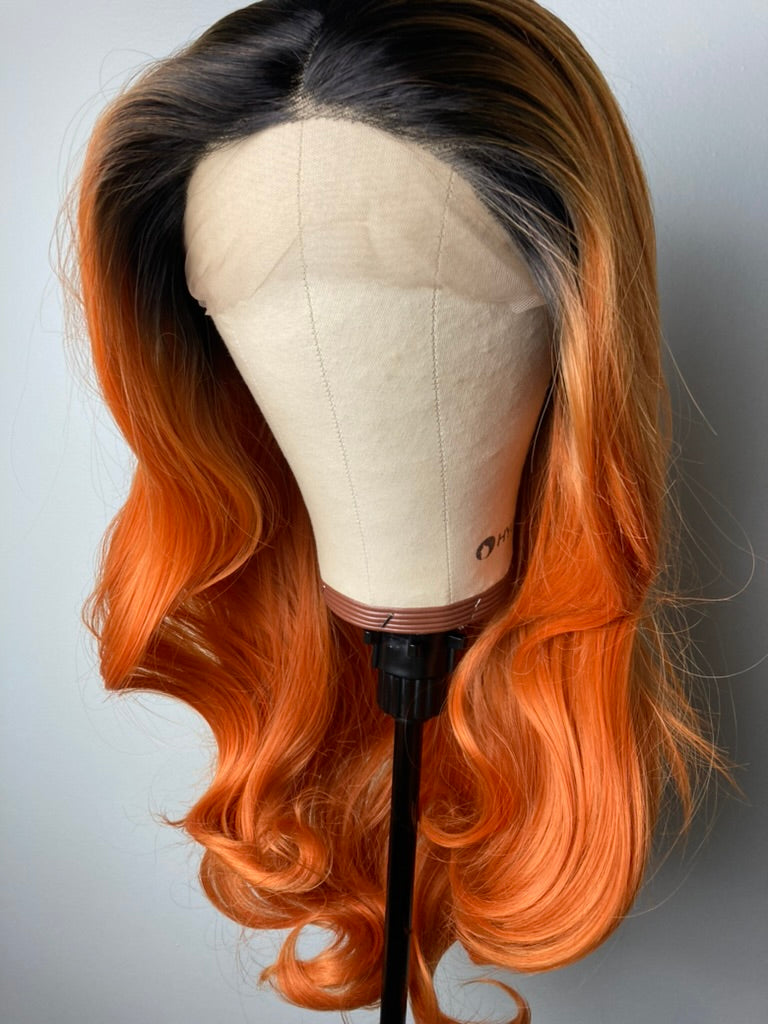 13×4 Lace Front Wigs Ombre Ginger Orange With Black Roots Cooper Hair Color Ginger Color  Wavy Wigs Orange Lace Front Wig Orange Ombré Dark Rooted Orange Cooper Hair Wigs Ginger Spice Color Hair