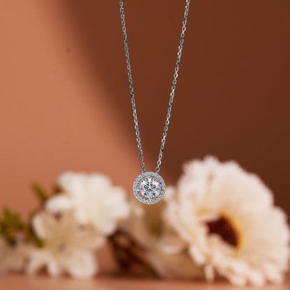 18k White Gold Solitaire 1.25 Carat Round Cut Halo Pendant Necklace