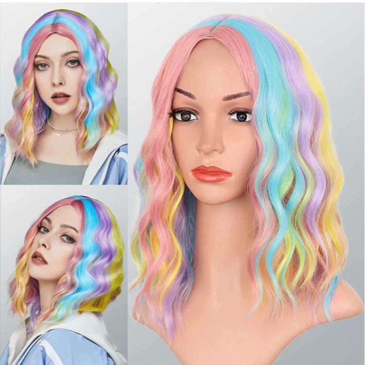 Short Bob Rainbow Wavy Curly Wig Women DragQueen Wigs