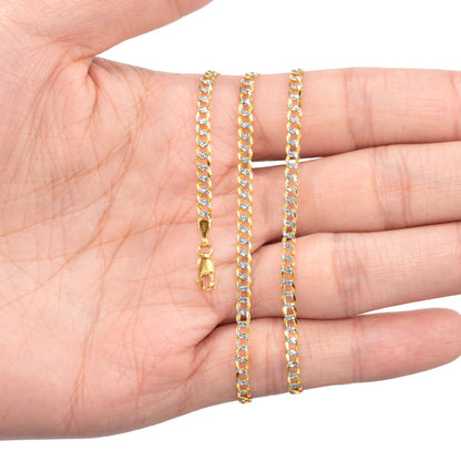 14K Yellow Gold 3MM Solid Cuban Curb Link Two-Tone Pave Chain