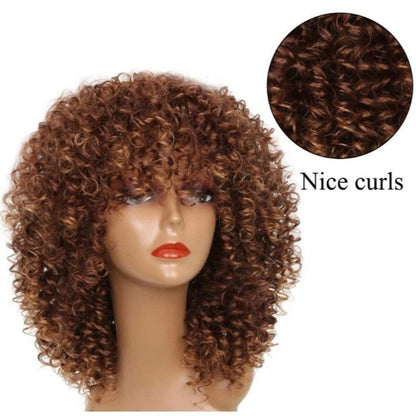 BROWN Short Kinky Curly Wig with Bangs