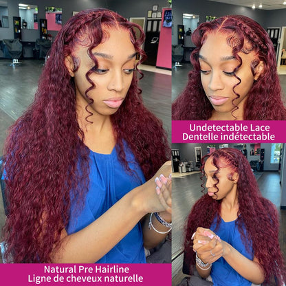 Deep Wave 99J Burgundy 13x4 Lace Front Human Hair Red Wigs