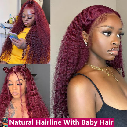 Deep Wave 99J Burgundy 13x4 Lace Front Human Hair Red Wigs