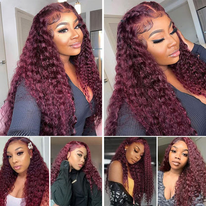 Deep Wave 99J Burgundy 13x4 Lace Front Human Hair Red Wigs