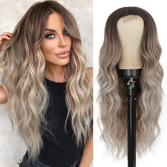 24Inch Ombre Ash Blonde Middle Part Non Lace Wig .Ash Blonde Ombre Short Straight Heat Resistant Synthetic Wig Glueless No Lace Wig