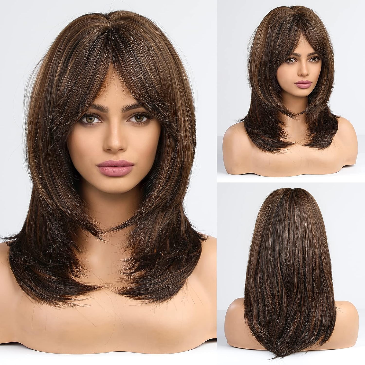 Straight Synthetic Wig with Bangs Black Mix Brown Layered Wigs for Women Natural Looking Mixed Color Wig for Daily Party Us