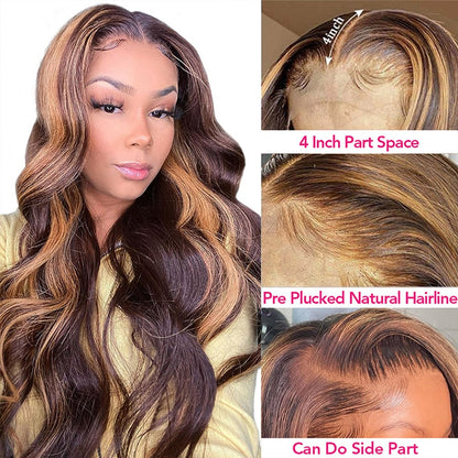 Ombre Lace Front Wig Human Hair 200%Density Blonde Highlight Wig Human Hair Pre Plucked 4/27 Highlight Lace Front Wigs Human Hair 13x4 HD Lace Brown Highlighted Wig Body Wave