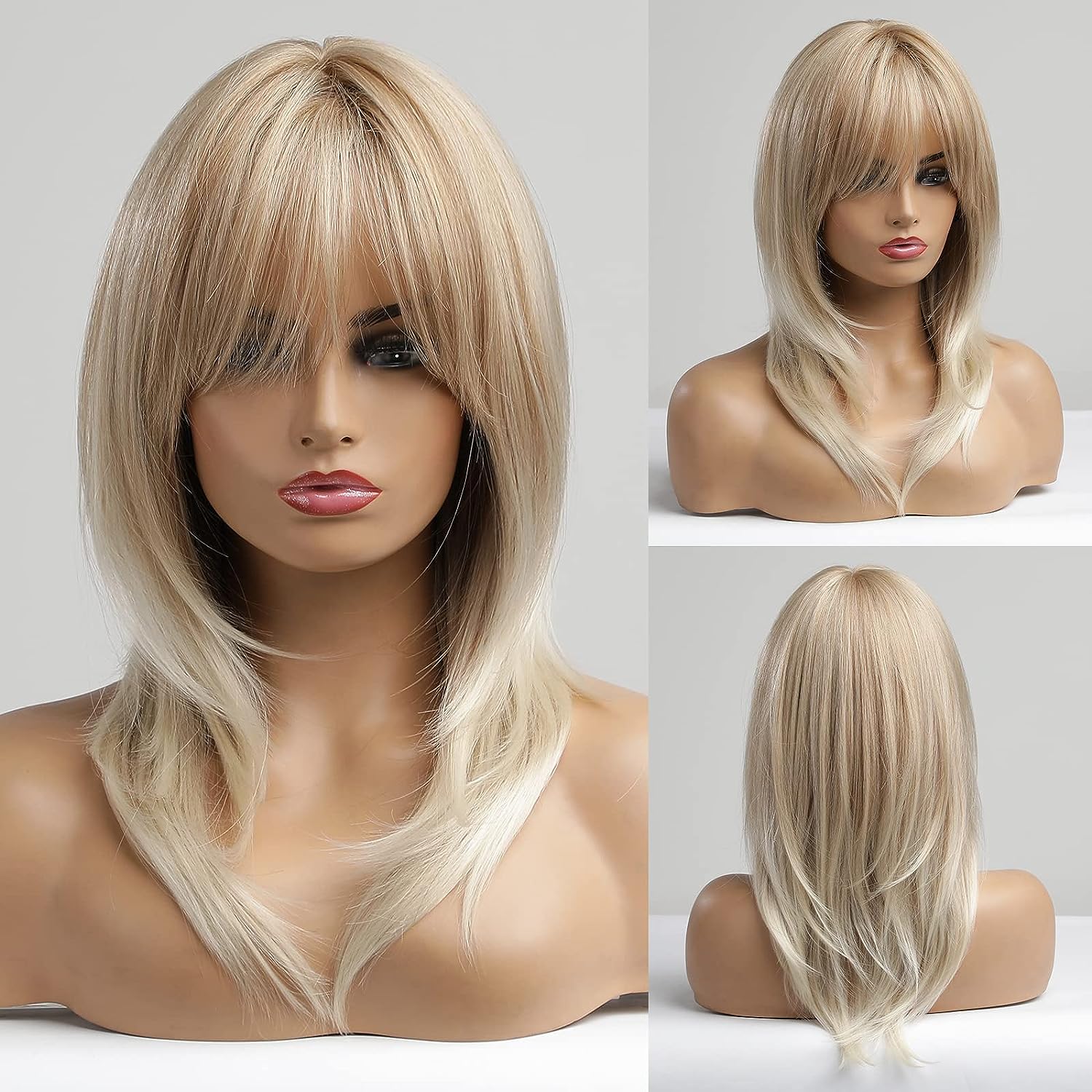 Blonde Wigs for Women Layered Wig With Bangs 22 Inch Shoulder Length Mixed Color wig Natural Looking Synthetic Hair Wig for Daily Party Use(Blonde Mixed)