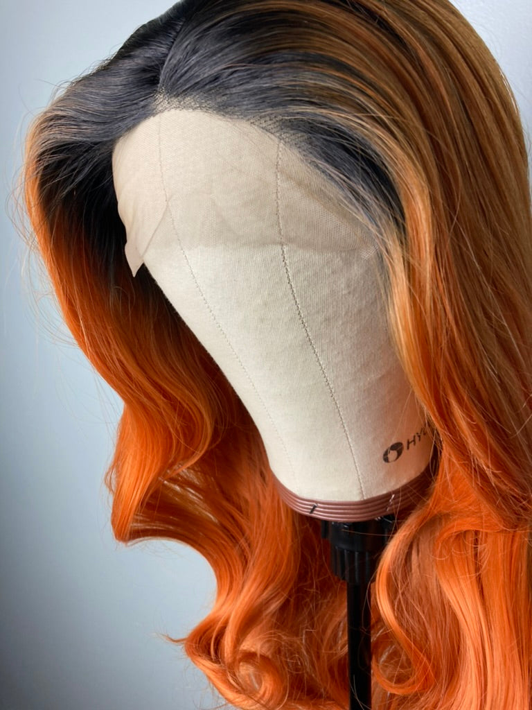 13×4 Lace Front Wigs Ombre Ginger Orange With Black Roots Cooper Hair Color Ginger Color  Wavy Wigs Orange Lace Front Wig Orange Ombré Dark Rooted Orange Cooper Hair Wigs Ginger Spice Color Hair