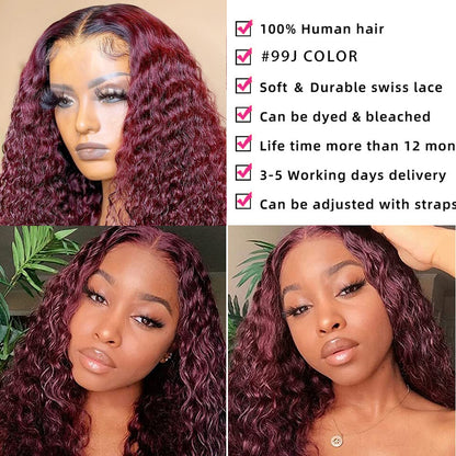 Deep Wave 99J Burgundy 13x4 Lace Front Human Hair Red Wigs
