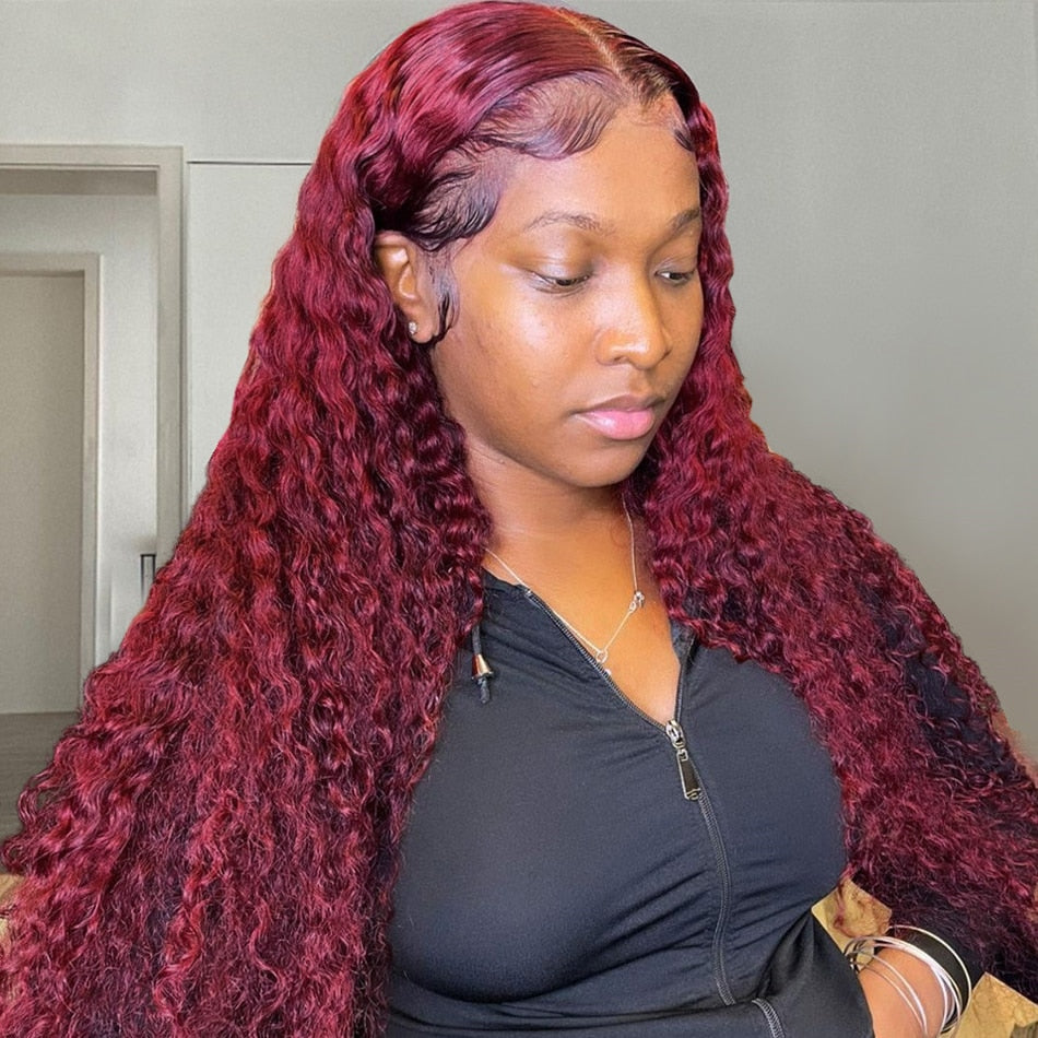 Deep Wave 99J Burgundy Red Colored 13x4 Lace Front Human Hair Wigs For Women