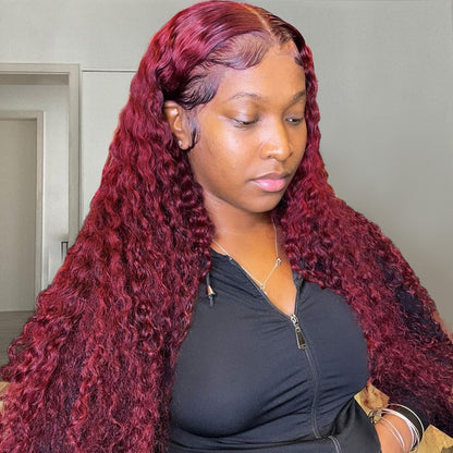 Deep Wave 99J Burgundy Red Colored 13x4 Lace Front Human Hair Wigs For Women