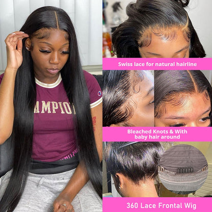 Long Straight 360 Hd Lace Front Human Hair Wigs Pre Plucked With Baby Hair