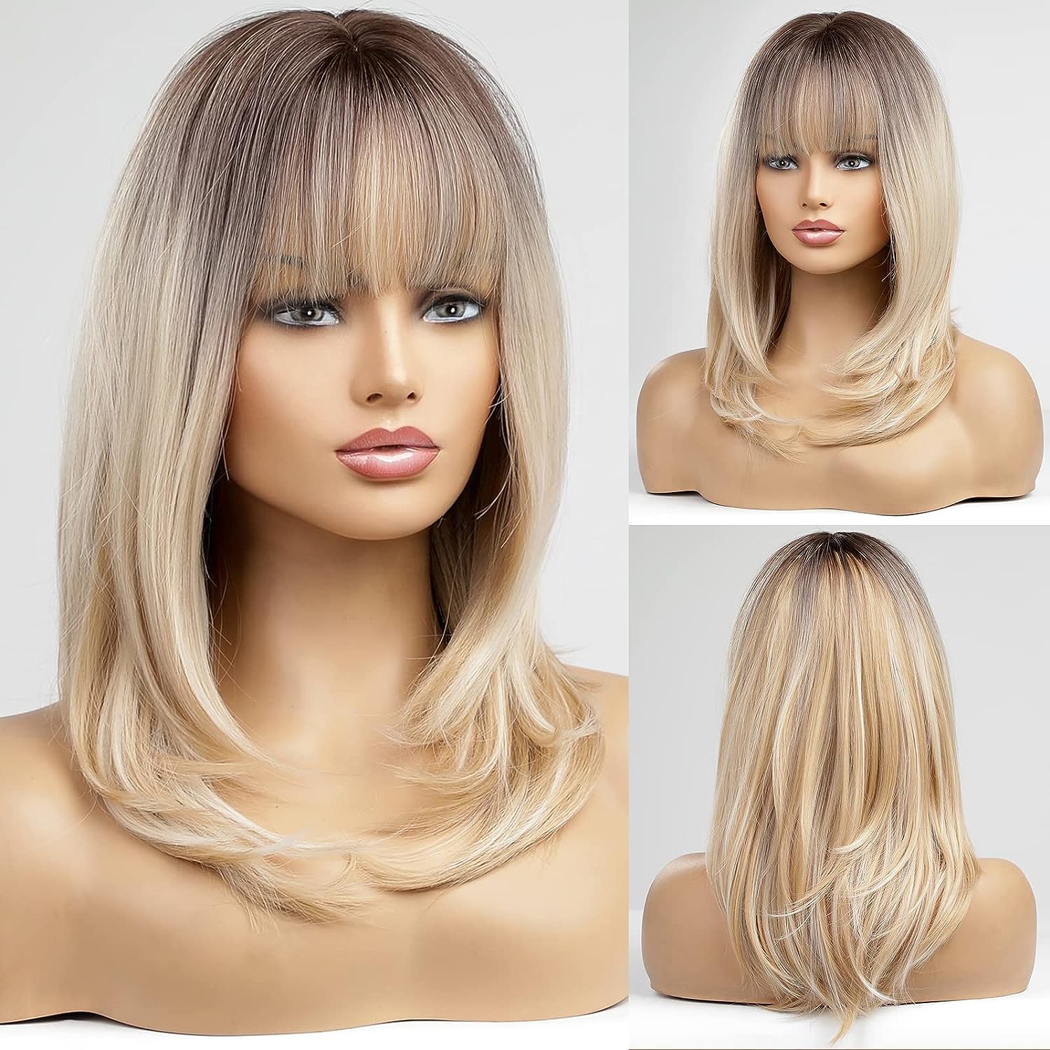 Ombre Blonde Wig for Women,Long Straight Synthetic Hair Wig with Bangs for White Women 