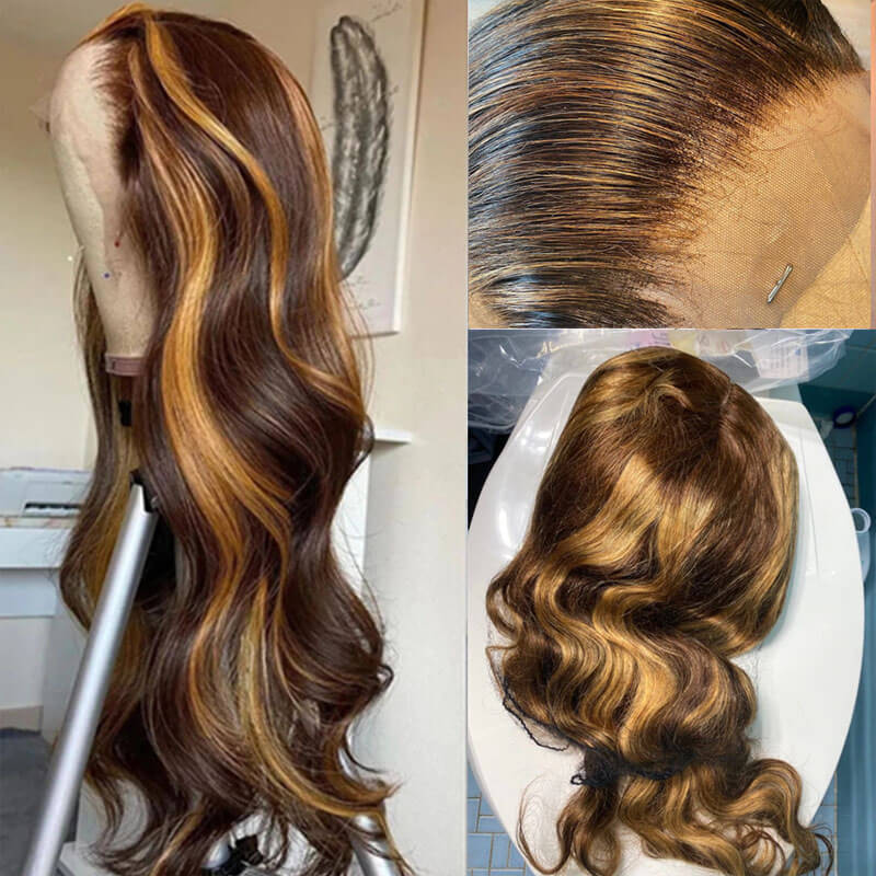Body Wave Highlight Ombre #4/27 Human Hair Lace Front Wig
