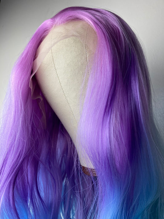  Ombre Purple Blue Wig Synthetic Lace Front Wig Natural Wavy Wig Multicolor Cosplay Wigs For Women