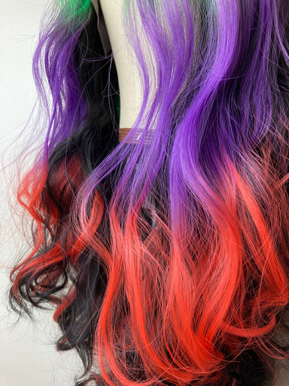 Green Purple Red Hair ,Rainbow Long Wave Lace Front Wig For Women Costume Halloween Cosplay Party Drag Queen