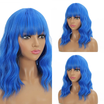 Sky Blue Wavy Wig with Bang
