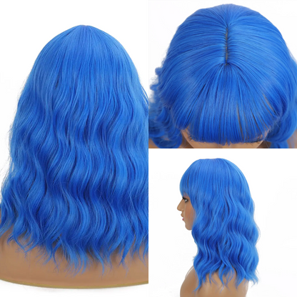 Sky Blue Wavy Wig with Bang