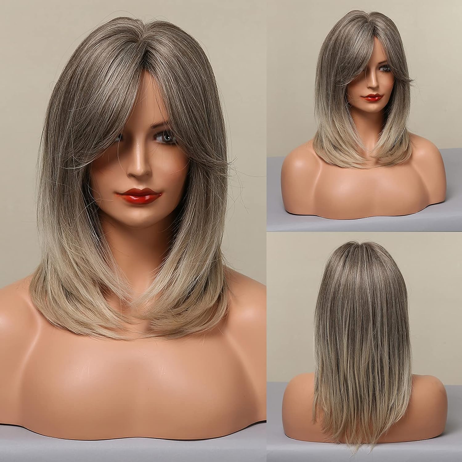 Light grey black Wigs for Women 22 Inch Shoulder Length Wig with Bangs Synthetic Centre Parting Long Straight Layered Wig Natural Looking Wig for Daily Party Use(Light Brown)