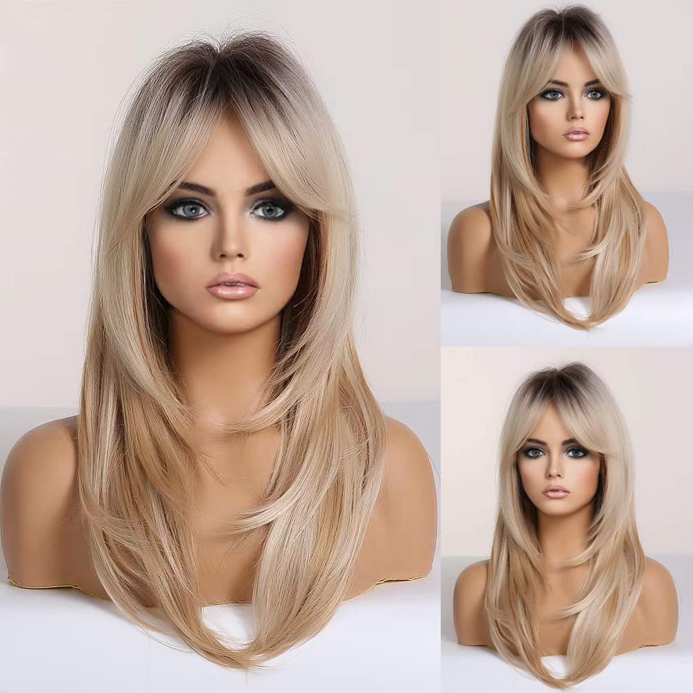 Blonde Wig for Women Long Straight Layered Wig with Bangs Ombre Blonde Synthetic Hair with Highlight