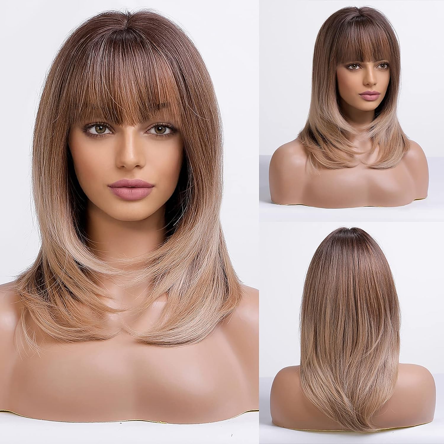 Ombre Dark Brown Wig for Women Long Straight Layered Hair Wig with Bangs Natural Heat Resistant Synthetic Wig with Dark Roots for Daily Party Use