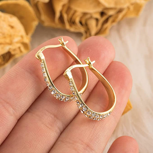 925 Sterling Silver Post Hoop Earrings for Women Gilrs Multcolors Cubic Zirconia 14K Gold Plated Oval Chunky Silver Gold Hoop Earrings 