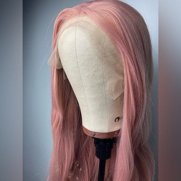 Pink Long Wavy Hair Wigs-Rose Gold Lace Front Synthetic Wig