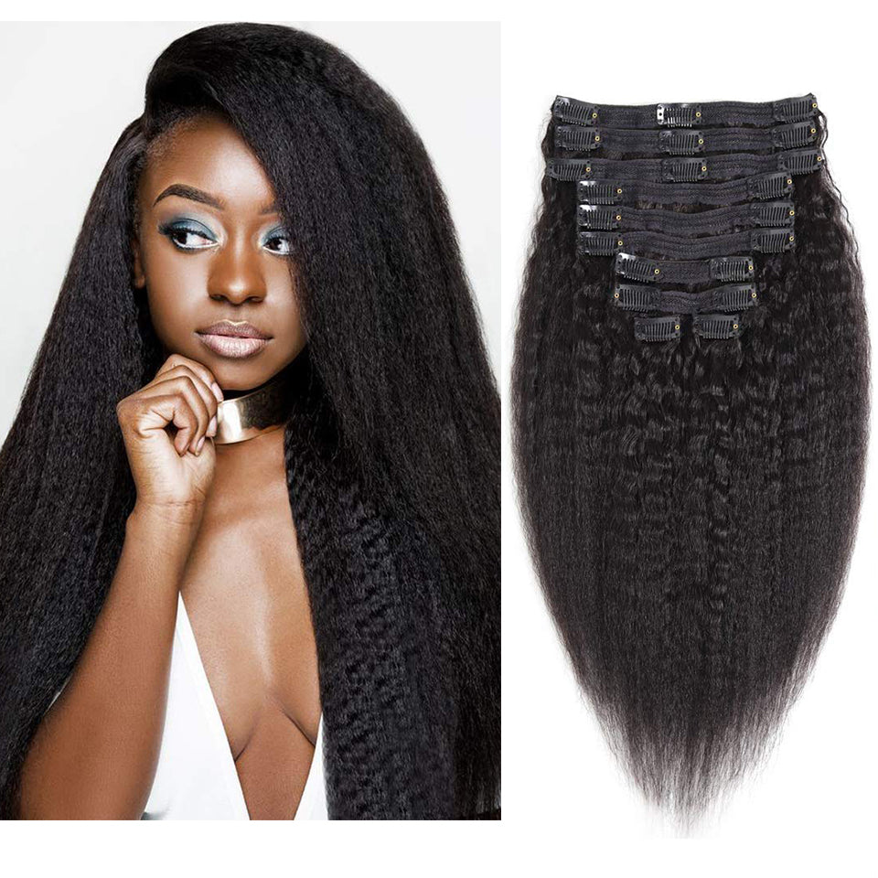 Kinky Straight Clip ins 200g Clip in Hair Extensions Real Human Hair Yaki Straight Clip ins for Black Women Double Weft Full Head Brazilian Remy Hair Extensions

