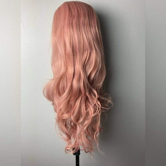Pink Long Wavy Hair Wigs-Rose Gold Lace Front Synthetic Wig