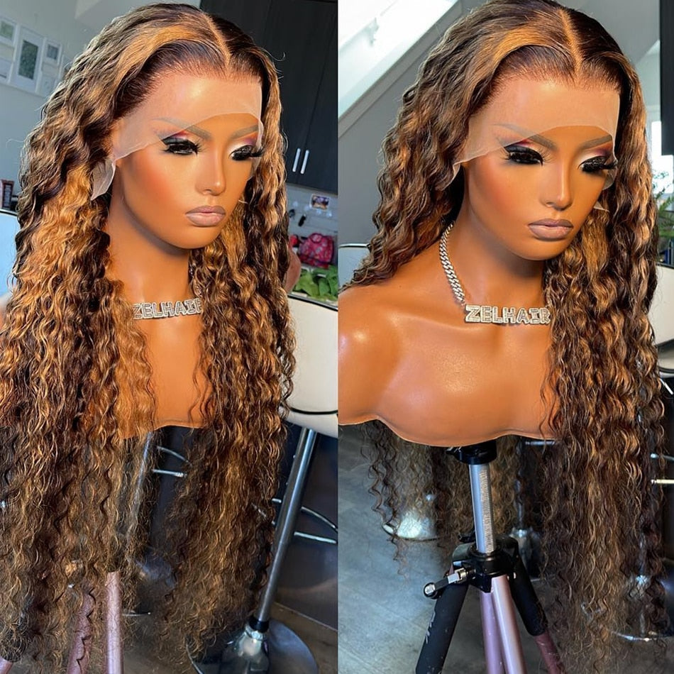 4/27 Colored 13x4 Deep Wave  Highlight Ombre Lace Frontal Human Hair Wig