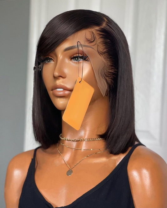 Straight Short Bob Brazilian Human Hair 13x4 Lace Front Wig,Short Bob Wig Human Hair 180% Density Brazilian Virgin Human Hair for Women 13x4 HD Transparent Lace Front Bob wigs 16 Inch Staight Bob Lace Frontal Wigs Natural Black