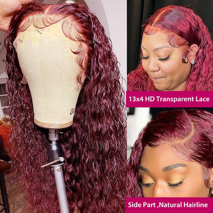 Deep Wave 99J Burgundy 13x4 Lace Front Human Hair Red Wigs