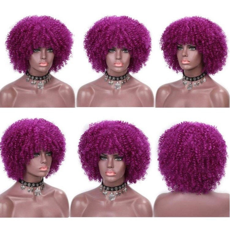 Afro Kinky Curly Purple Full Wigs With Bangs