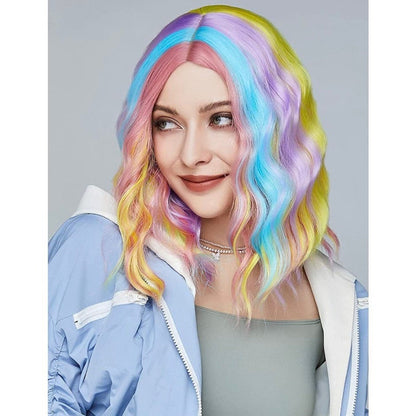 Short Bob Rainbow Wavy Curly Wig Women DragQueen Wigs
