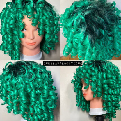 Short Bob Afro Curly Black and Green Wig With Bangs
