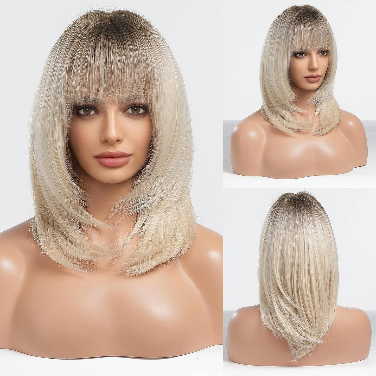 Ombre Blonde Wig for Women,Long Straight Synthetic Hair Wig with Bangs for White Women 20 Inches