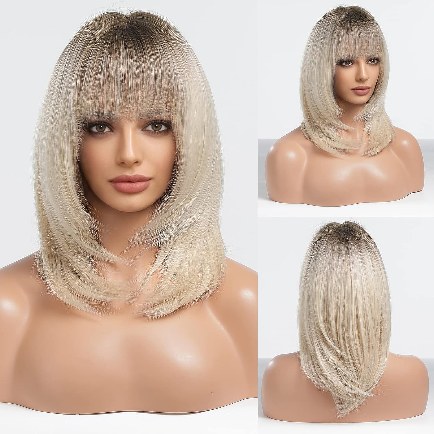 Ombre Blonde Wig for Women,Long Straight Synthetic Hair Wig with Bangs for White Women 20 Inches