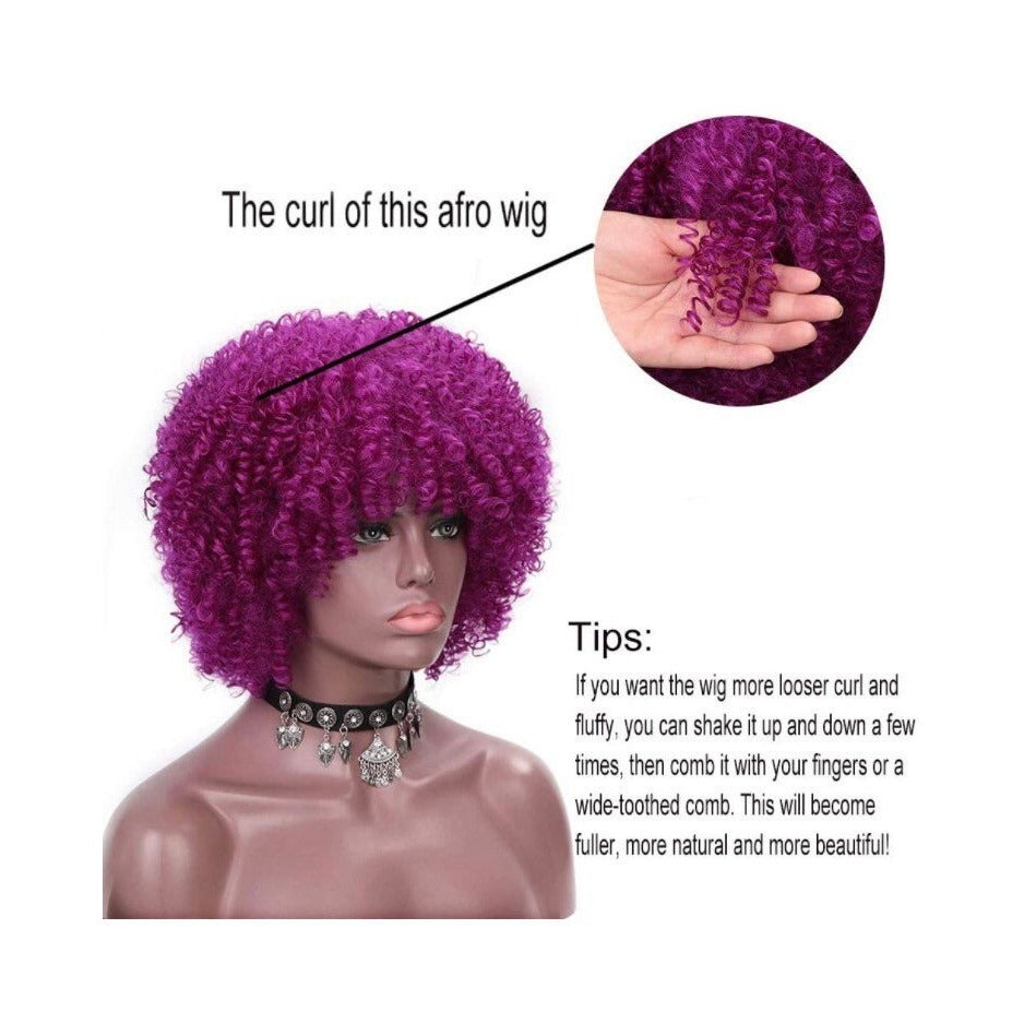 Afro Kinky Curly Purple Full Wigs With Bangs