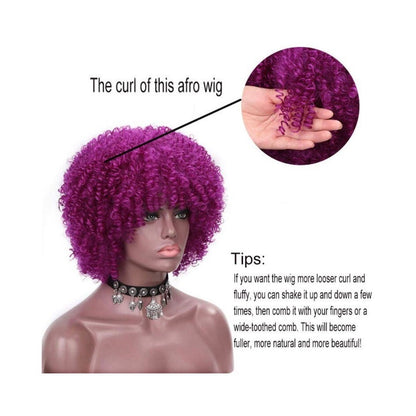 Afro Kinky Curly Purple Full Wigs With Bangs