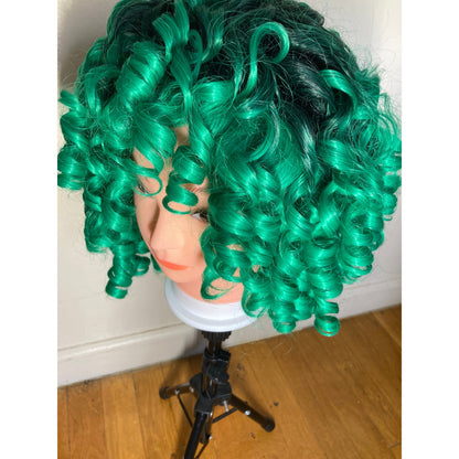 Short Bob Afro Curly Black and Green Wig With Bangs